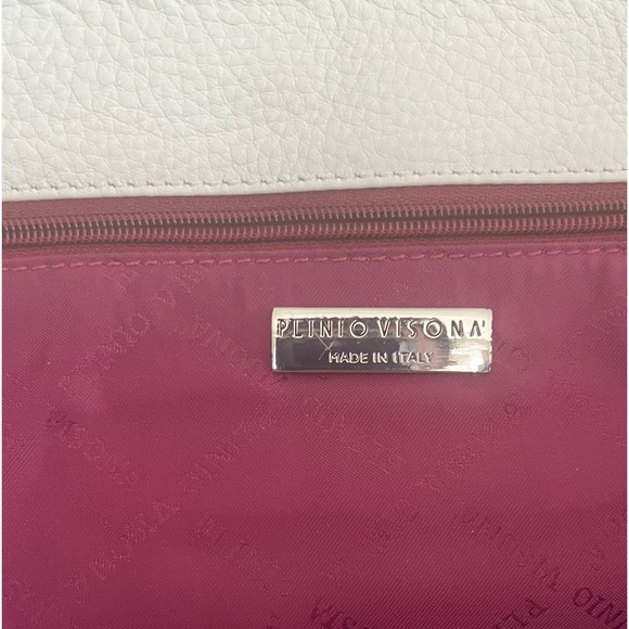 Plinio Visona Handbag. All White Italian Leather Bag with Brown Leather Trim. - Picture 9 of 13